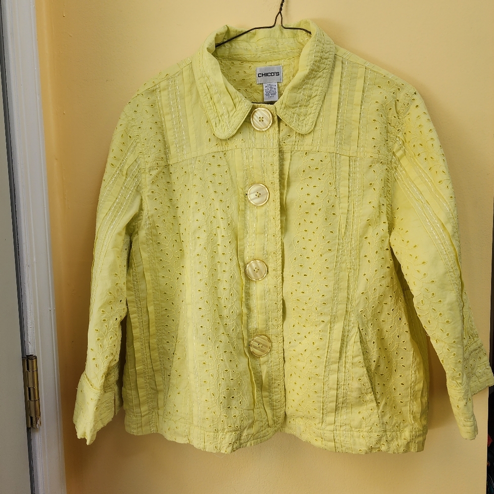 Chicos Size 2 Lime Yellow Lightweight Cotton Jacket with Pockets